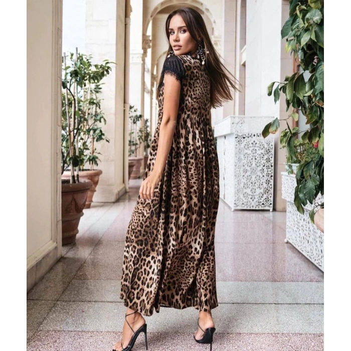 Kadın Leopar Desenli Dantelli Jesica Kumaş Maxi Boy Elbise