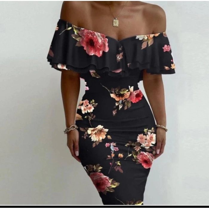 Kadın Madonna Yaka çiçek Baskılı Volan Detay Kalem Elbise