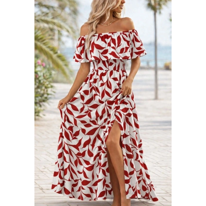 Kadın Madonna Yaka Göğüs Lastikli Yırtmaçlı Uzun Desenli Süprem Elbise