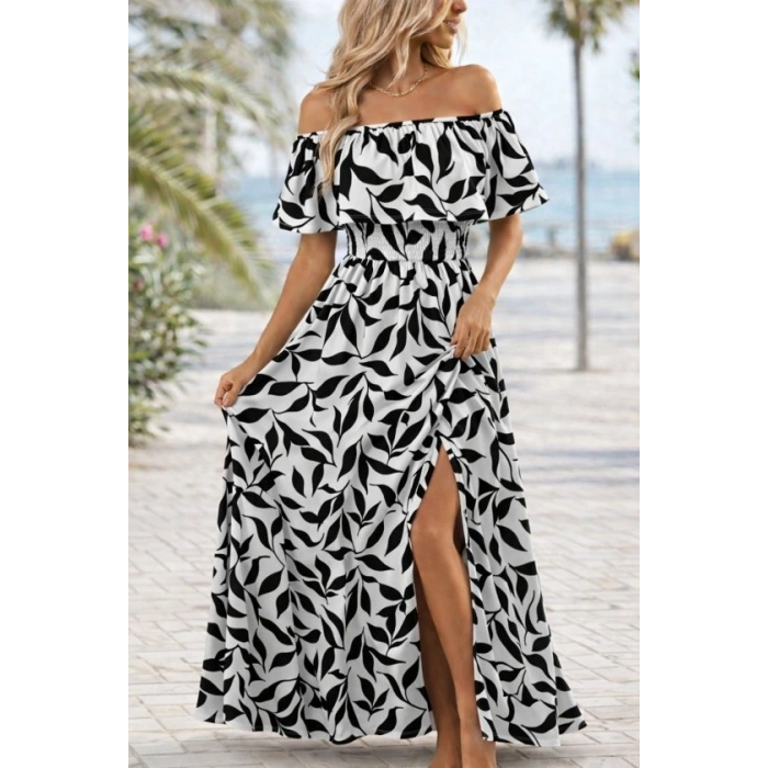 Kadın Madonna Yaka Göğüs Lastikli Yırtmaçlı Uzun Desenli Süprem Elbise