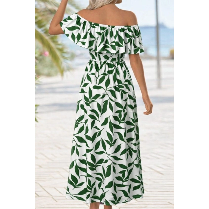 Kadın Madonna Yaka Göğüs Lastikli Yırtmaçlı Uzun Desenli Süprem Elbise