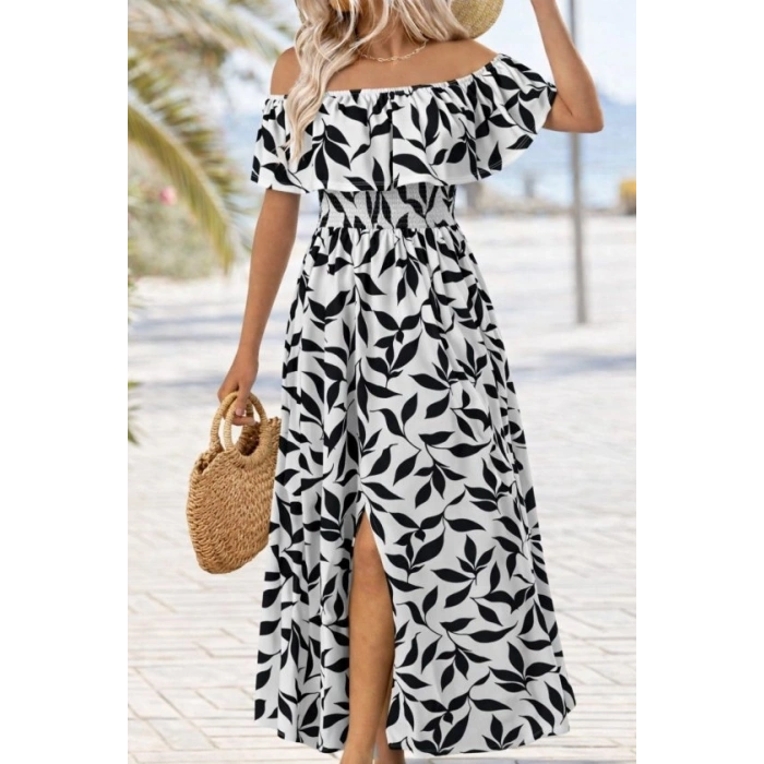 Kadın Madonna Yaka Göğüs Lastikli Yırtmaçlı Uzun Desenli Süprem Elbise