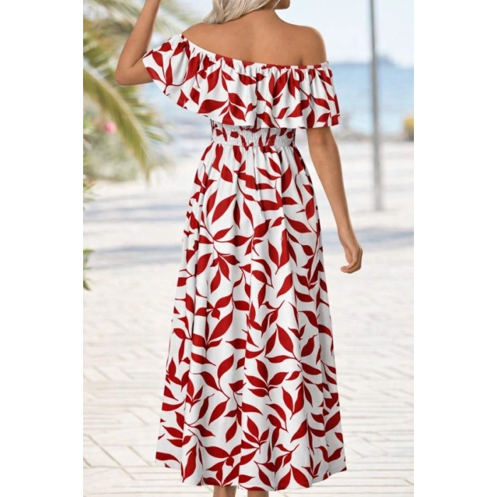 Kadın Madonna Yaka Göğüs Lastikli Yırtmaçlı Uzun Desenli Süprem Elbise