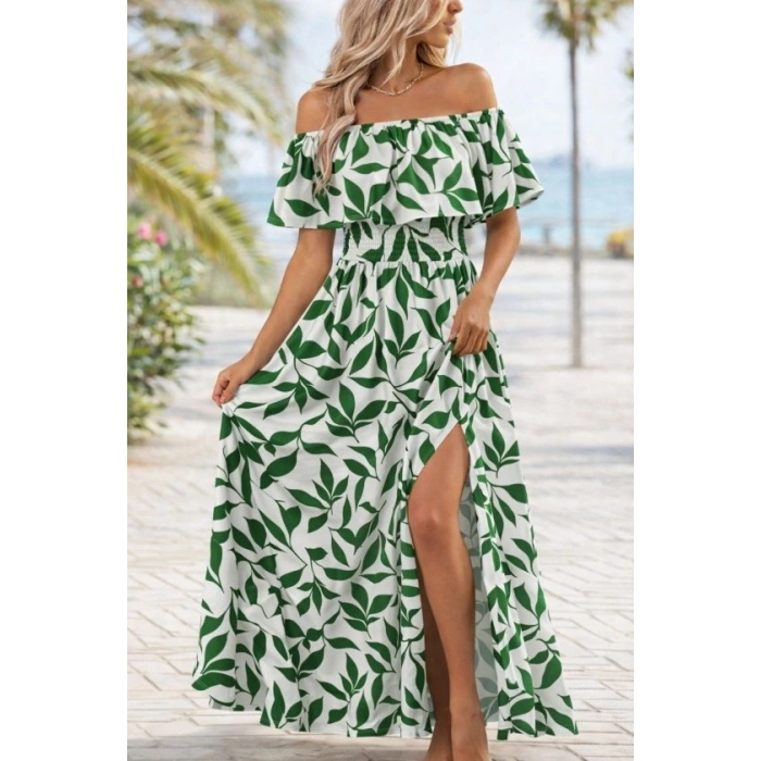 Kadın Madonna Yaka Göğüs Lastikli Yırtmaçlı Uzun Desenli Süprem Elbise