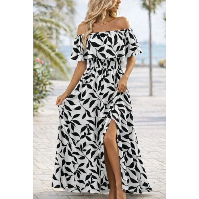 Kadın Madonna Yaka Göğüs Lastikli Yırtmaçlı Uzun Desenli Süprem Elbise