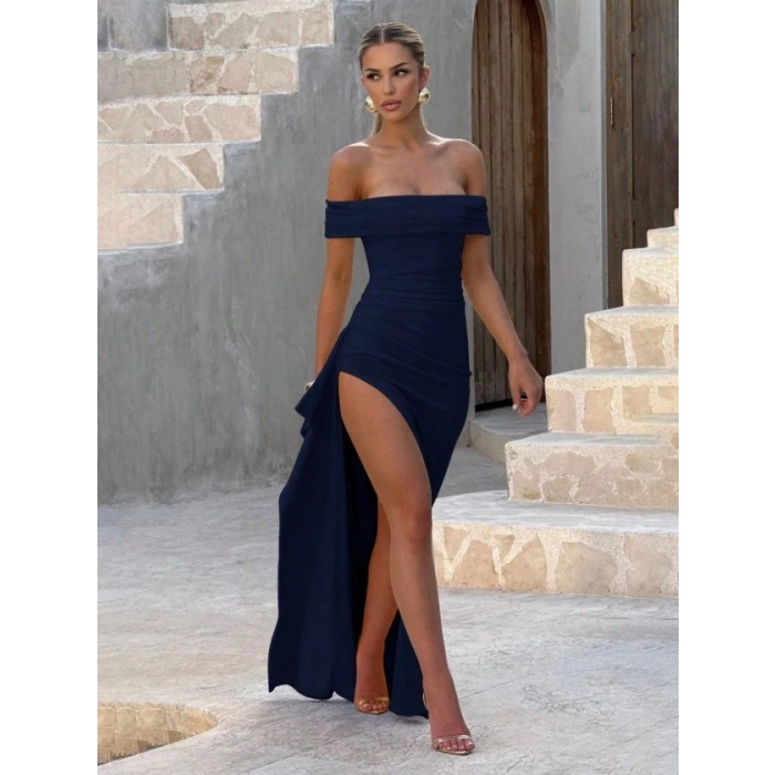 Kadın Madonna Yaka Pileli Derin Yırtmaçlı Uzun Ithal Krep Elbise