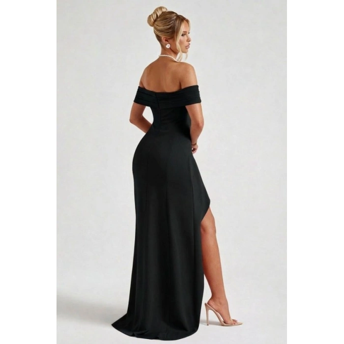 Kadın Madonna Yaka Pileli Derin Yırtmaçlı Uzun Ithal Krep Elbise