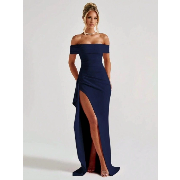 Kadın Madonna Yaka Pileli Derin Yırtmaçlı Uzun Ithal Krep Elbise