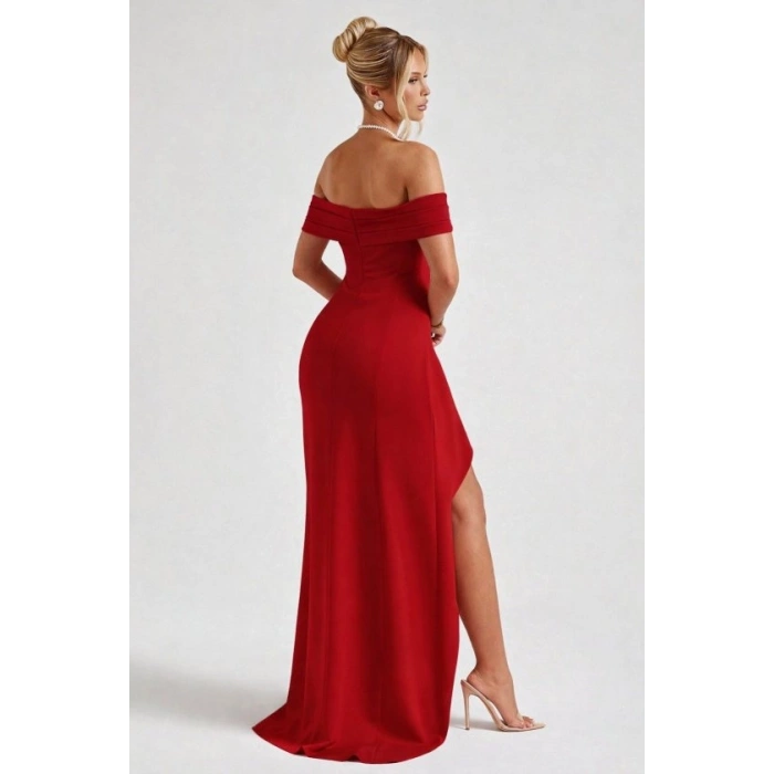 Kadın Madonna Yaka Pileli Derin Yırtmaçlı Uzun Ithal Krep Elbise