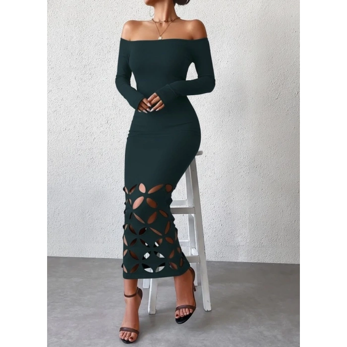 Kadın Madonna Yaka Uzun Kollu Lazer çiçek Kesim Detaylı Uzun Ithal Krep Elbise