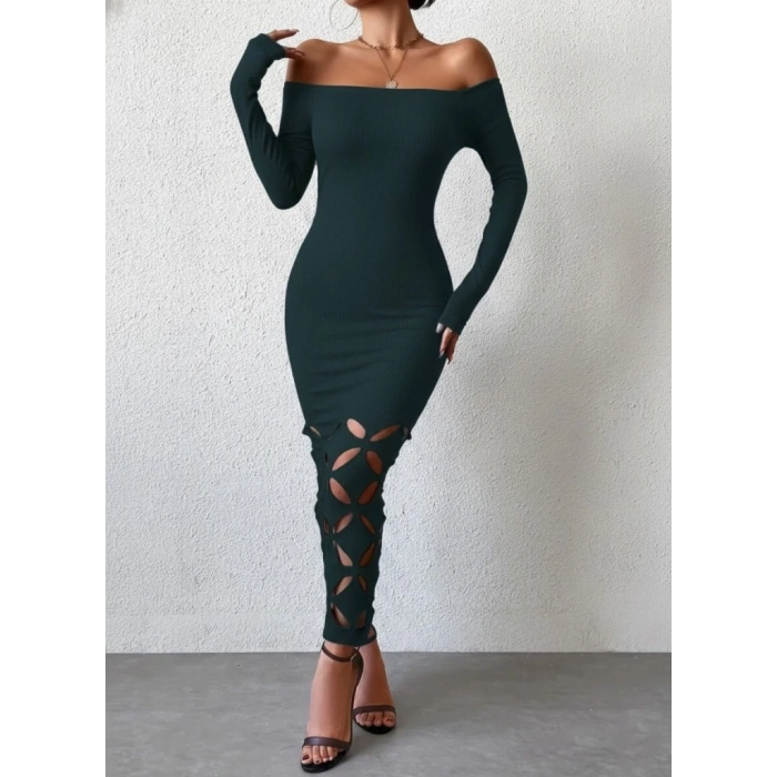 Kadın Madonna Yaka Uzun Kollu Lazer çiçek Kesim Detaylı Uzun Ithal Krep Elbise