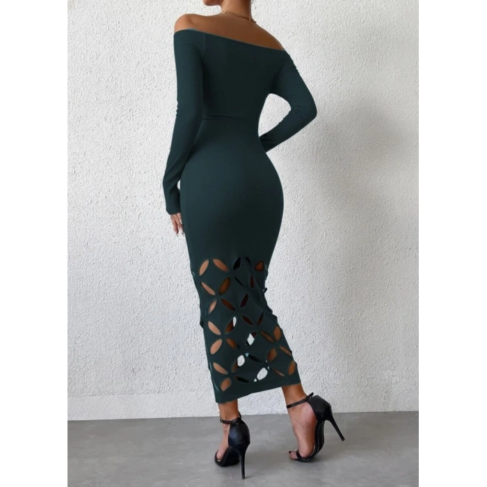 Kadın Madonna Yaka Uzun Kollu Lazer çiçek Kesim Detaylı Uzun Ithal Krep Elbise