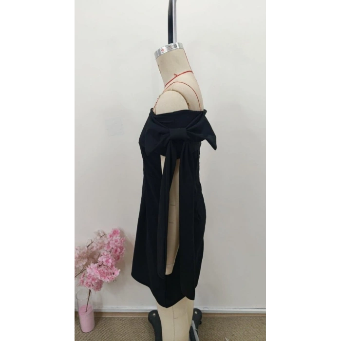 Kadın Madonna Yakalı Kurdela Detaylı Kısa Ithal Krep Elbise