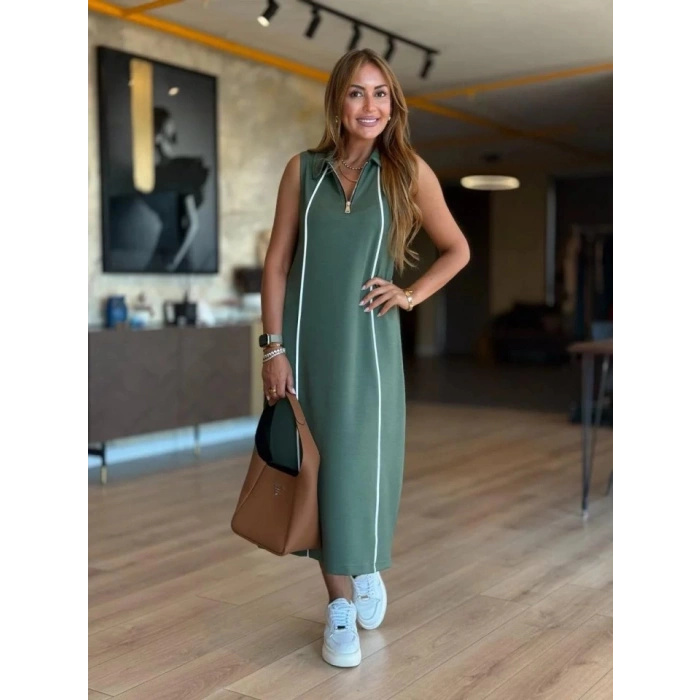 Kadın Modal Kumaş şerit Detaylı Fermuarlı Midi Elbise