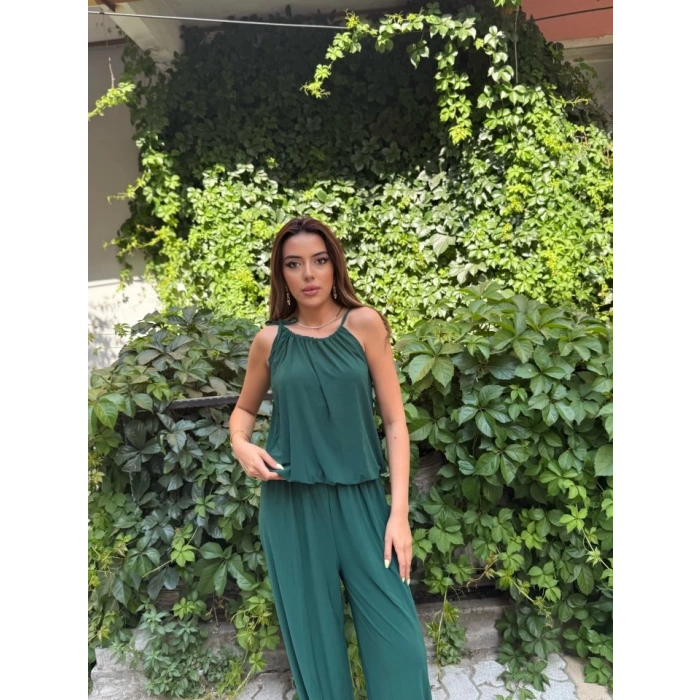 Kadın Omuz Askılı Döküm Detay Salaş Sandy Kumaş Tulum