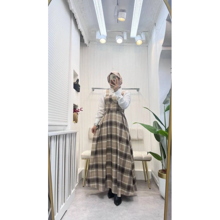 Kadın Omuz Askılı Full Ekose Detay Elbise