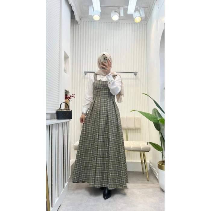 Kadın Omuz Askılı Full Ekose Detay Elbise