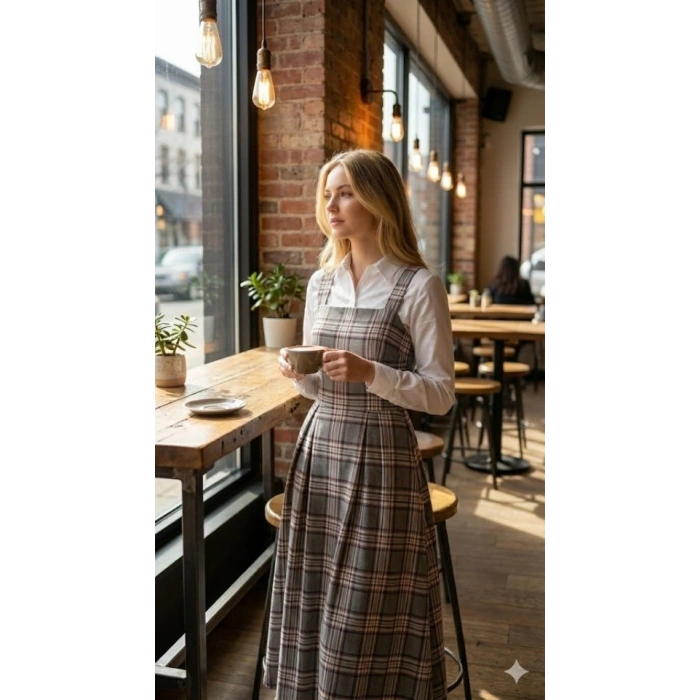 Kadın Omuz Askılı Full Ekose Detay Elbise