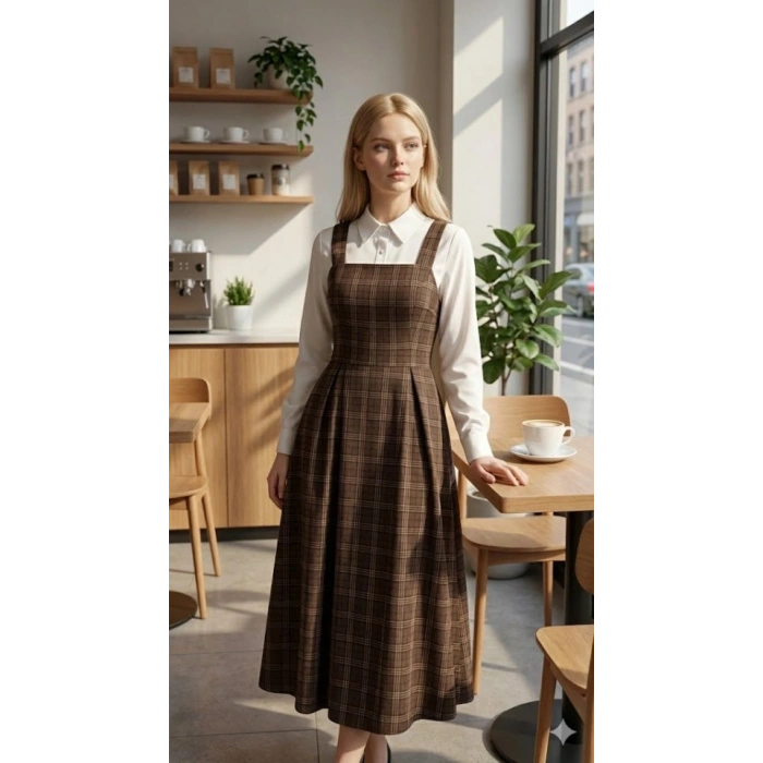 Kadın Omuz Askılı Full Ekose Detay Elbise