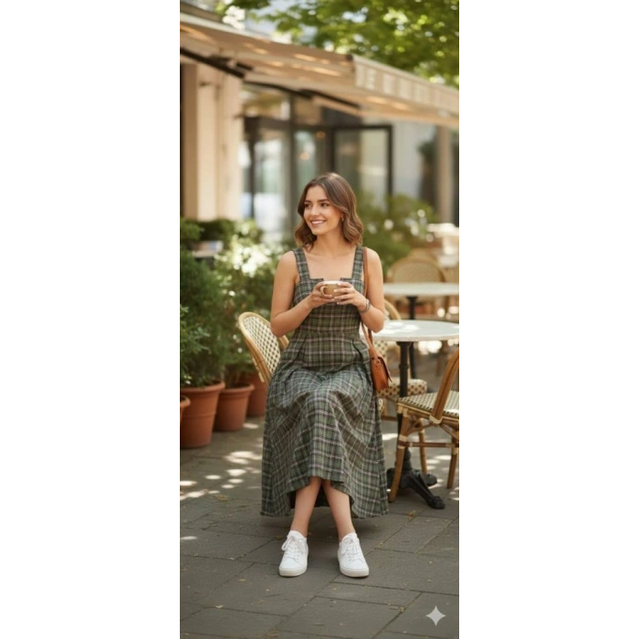 Kadın Omuz Askılı Full Ekose Detay Elbise