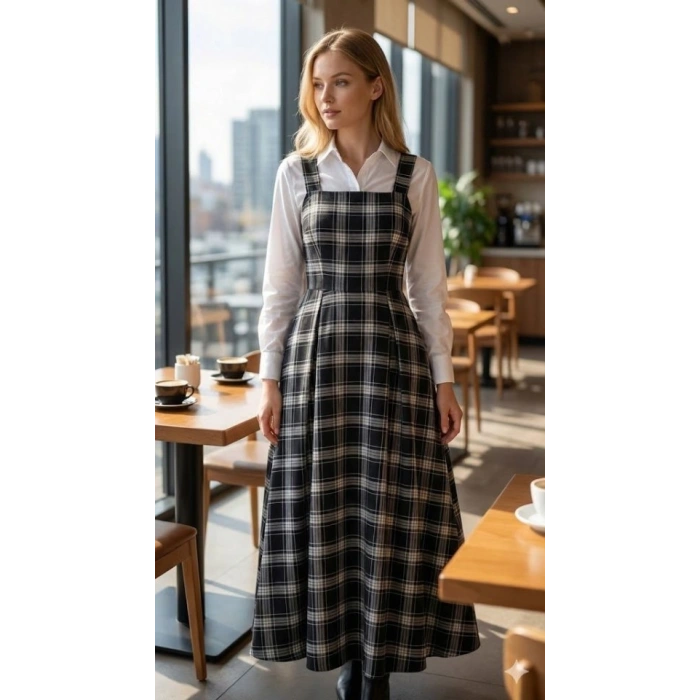 Kadın Omuz Askılı Full Ekose Detay Elbise