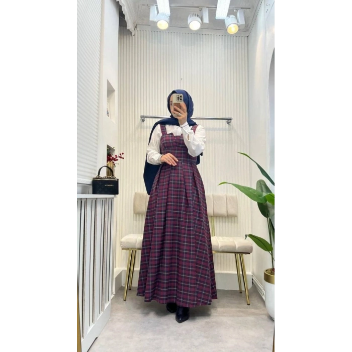 Kadın Omuz Askılı Full Ekose Detay Elbise