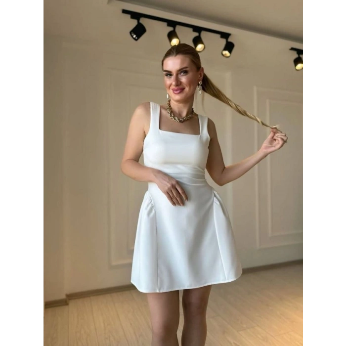 Kadın Omuz Askılı Kare Yaka Ithal Atlas Kumas Mini Elbise