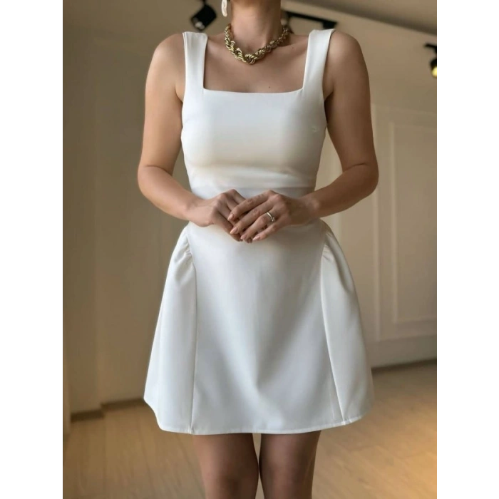 Kadın Omuz Askılı Kare Yaka Ithal Atlas Kumas Mini Elbise