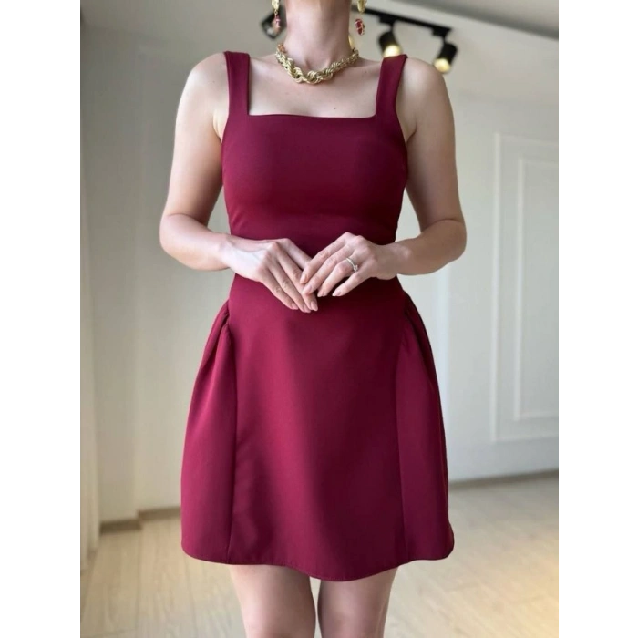 Kadın Omuz Askılı Kare Yaka Ithal Atlas Kumas Mini Elbise