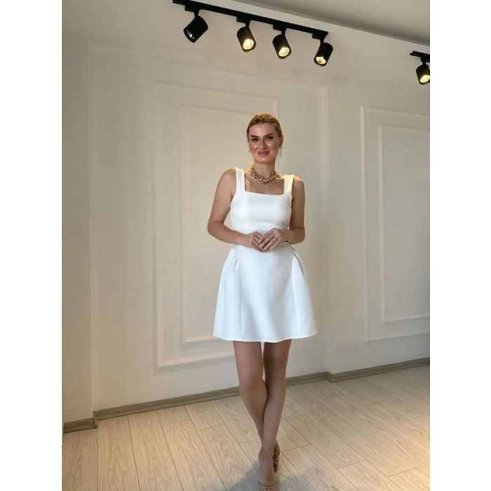 Kadın Omuz Askılı Kare Yaka Ithal Atlas Kumas Mini Elbise