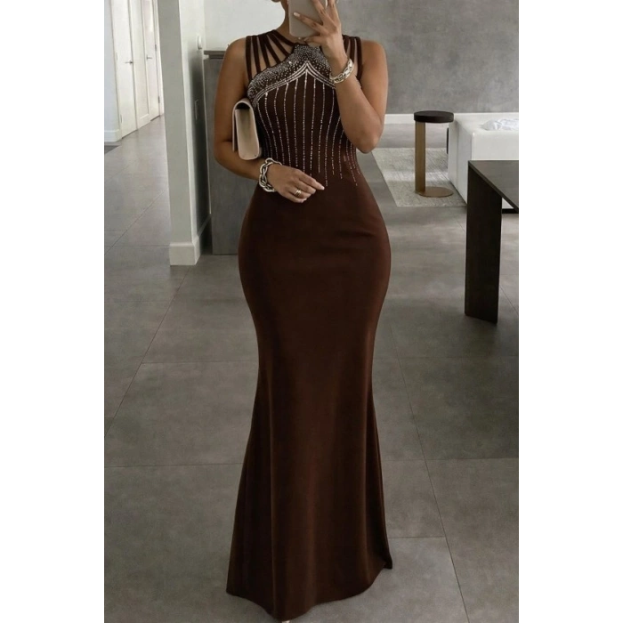 Kadın Omuz çoklu Askılı önü Taş Işlemeli Balık Kesim Janjan Krep Maxi Boy Elbise