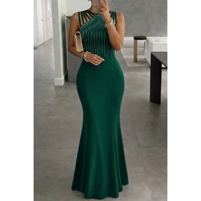 Kadın Omuz çoklu Askılı önü Taş Işlemeli Balık Kesim Janjan Krep Maxi Boy Elbise