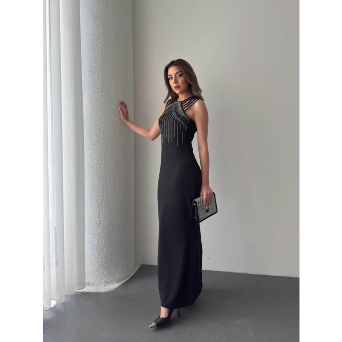 Kadın Omuz çoklu Askılı önü Taş Işlemeli Balık Kesim Janjan Krep Maxi Boy Elbise