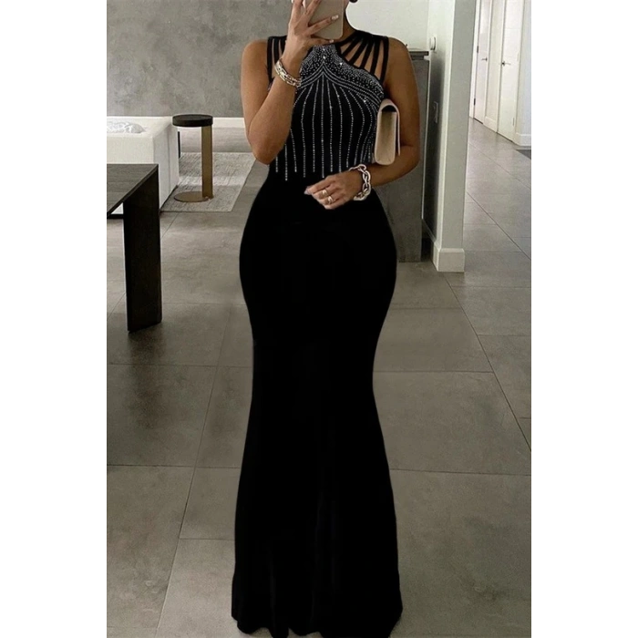 Kadın Omuz çoklu Askılı önü Taş Işlemeli Balık Kesim Janjan Krep Maxi Boy Elbise