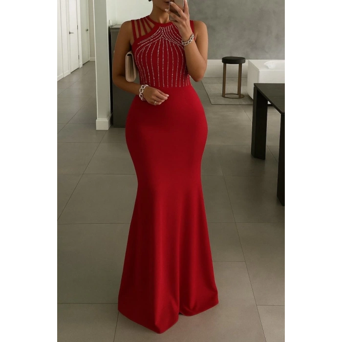 Kadın Omuz çoklu Askılı önü Taş Işlemeli Balık Kesim Janjan Krep Maxi Boy Elbise