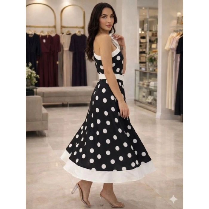 Kadın Omuz Dekolteli Fiyonk Ve Puantiye Detay Maxi Boy Elbise