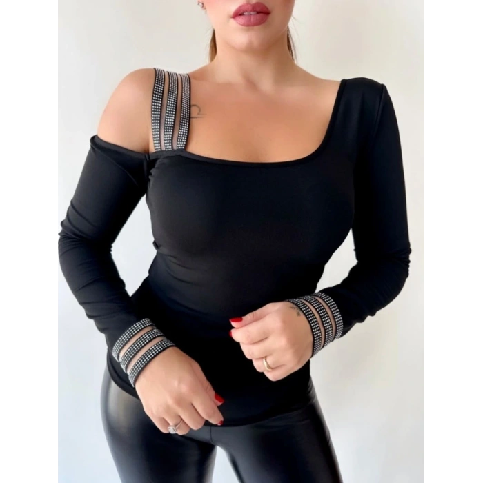 Kadın Omuz Dekolteli Taşlı şerit Detay Bluz
