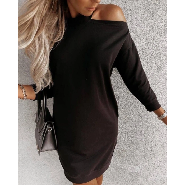 Kadın Omuz Detay İki İplik Mini Elbise