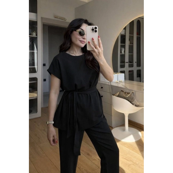 Kadın Omuz Detay Kuşak Dahil Bluz Ve Pantolon Keten Kumaş Ikili Takım