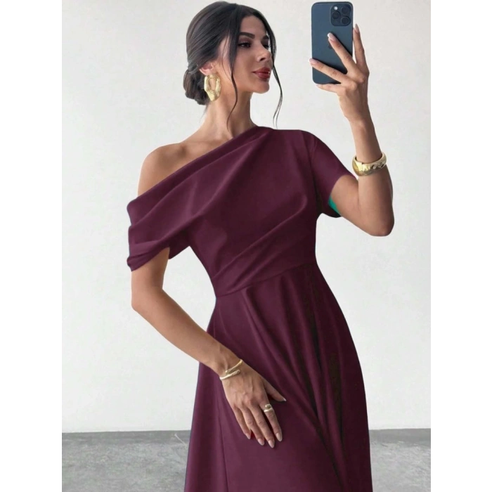 Kadın Omuzdan Açık Kısa Kollu Omuzdan Pileli Uzun Janjan Krep Elbise