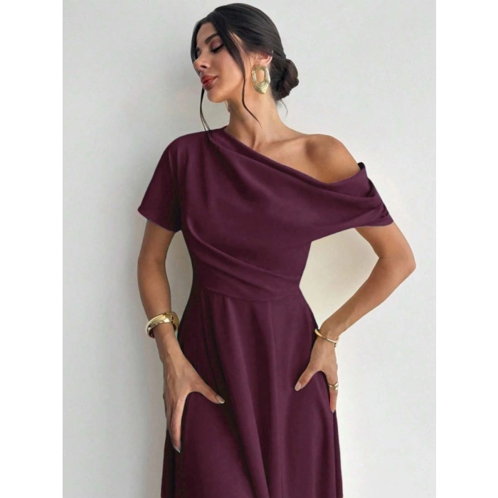 Kadın Omuzdan Açık Kısa Kollu Omuzdan Pileli Uzun Janjan Krep Elbise