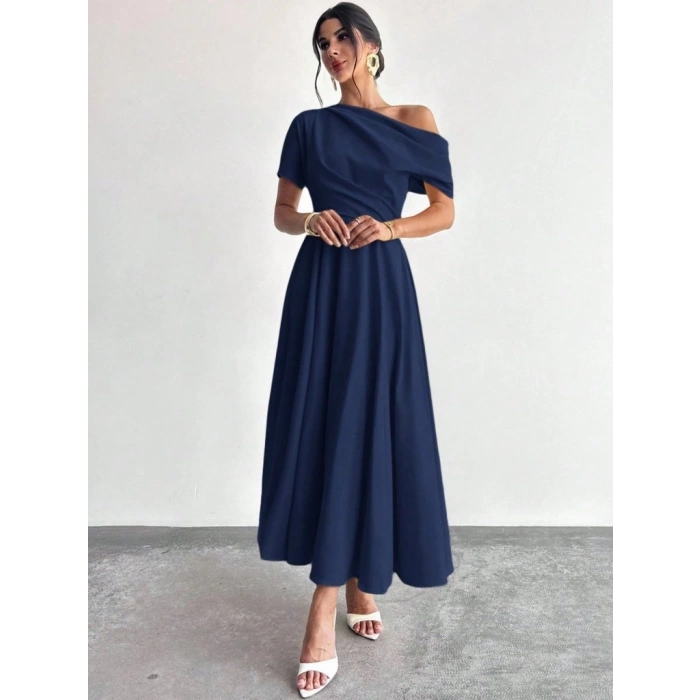 Kadın Omuzdan Açık Kısa Kollu Omuzdan Pileli Uzun Janjan Krep Elbise