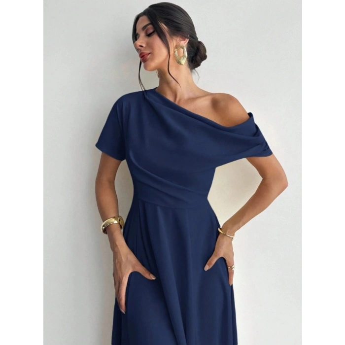 Kadın Omuzdan Açık Kısa Kollu Omuzdan Pileli Uzun Janjan Krep Elbise