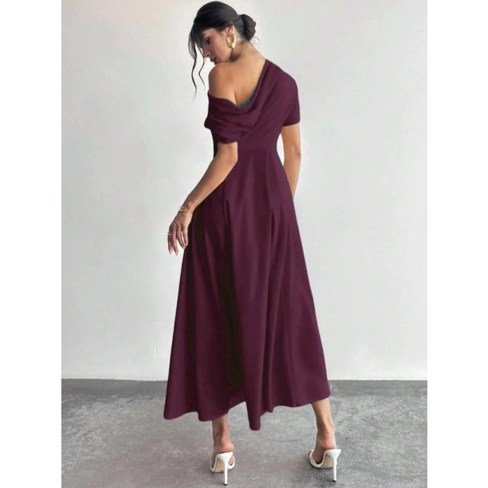 Kadın Omuzdan Açık Kısa Kollu Omuzdan Pileli Uzun Janjan Krep Elbise