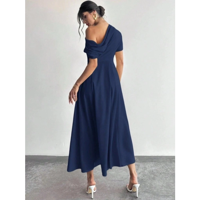 Kadın Omuzdan Açık Kısa Kollu Omuzdan Pileli Uzun Janjan Krep Elbise