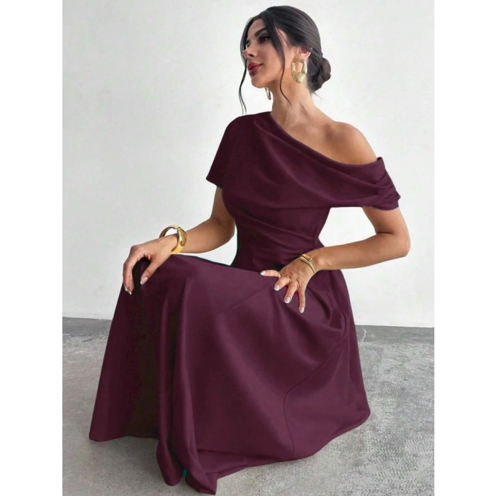 Kadın Omuzdan Açık Kısa Kollu Omuzdan Pileli Uzun Janjan Krep Elbise