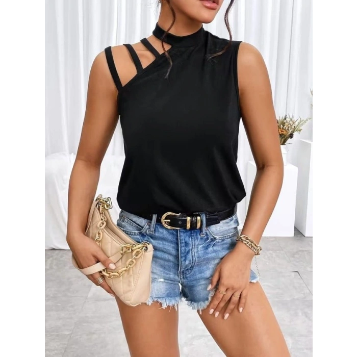 Kadın Omuzdan şerit Detaylı Yarı Balıkçı Yaka Viskon Bluz