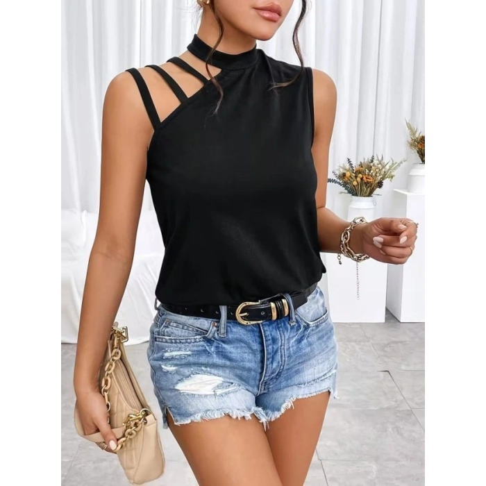 Kadın Omuzdan şerit Detaylı Yarı Balıkçı Yaka Viskon Bluz