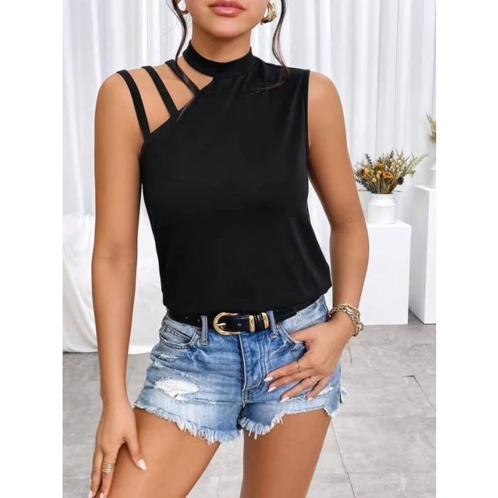 Kadın Omuzdan şerit Detaylı Yarı Balıkçı Yaka Viskon Bluz