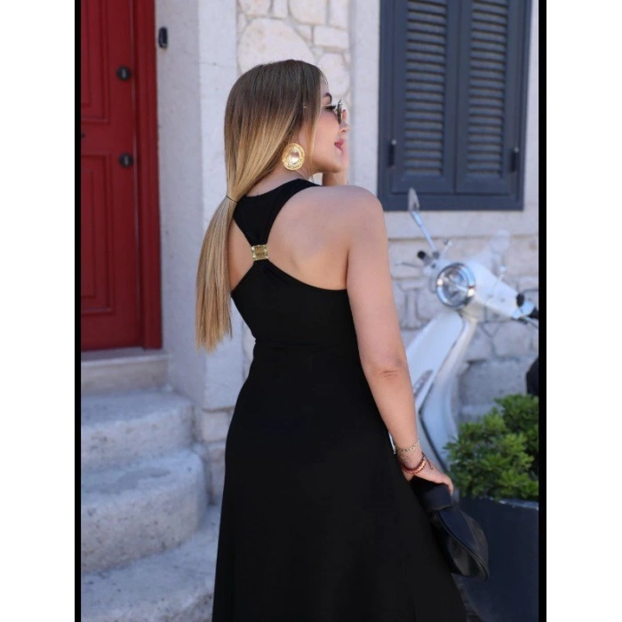 Kadın Omuzlardan Açık Arkadan Aksesuar Detaylı Yırtmaçlı Janjan Krep Elbise